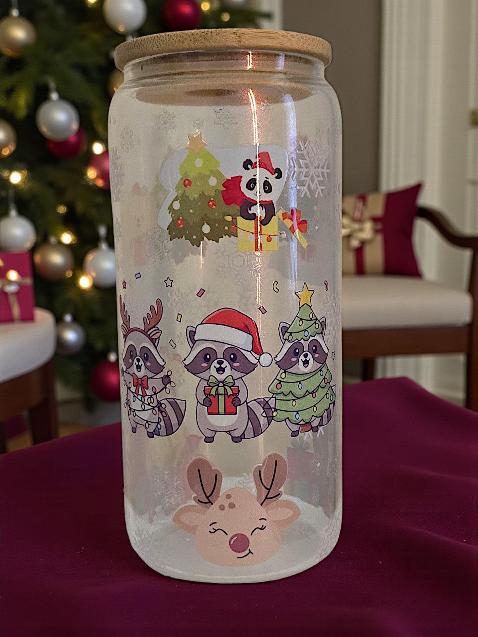 21oz Shimmer Glass Christmas Cup – UV Printed , Bamboo Lid & Straw